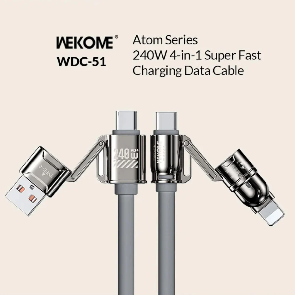 Καλώδιο Φόρτισης 4 in 1 WK (WDC-51) - USB-A/TYPE-C σε USB-C/iPhone – 1.2m - Grey