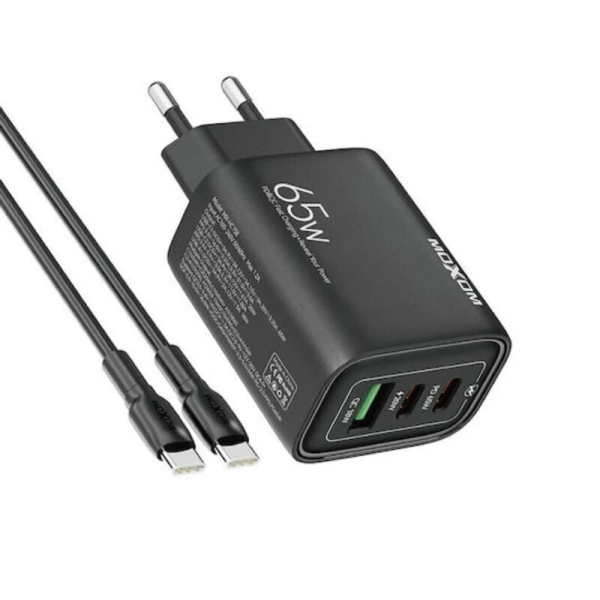 Moxom Φορτιστής με Θύρα USB-A και 2 Θύρες USB-C και Καλώδιο USB-C - USB-C 65W Power Delivery / Quick Charge 3.0 Μαύρος (MX-HC158)