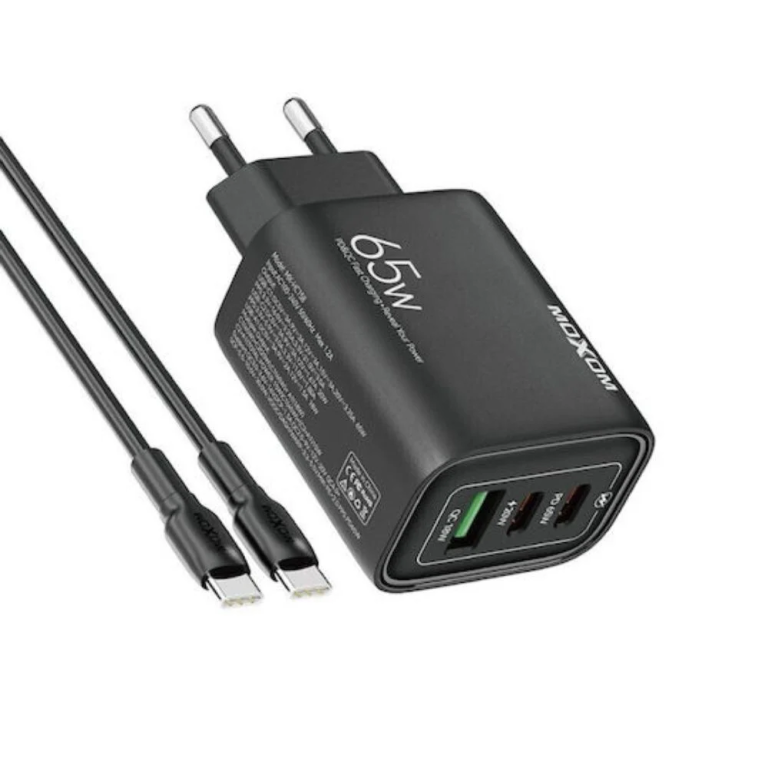 Moxom Φορτιστής με Θύρα USB-A και 2 Θύρες USB-C και Καλώδιο USB-C - USB-C 65W Power Delivery / Quick Charge 3.0 Μαύρος (MX-HC158)