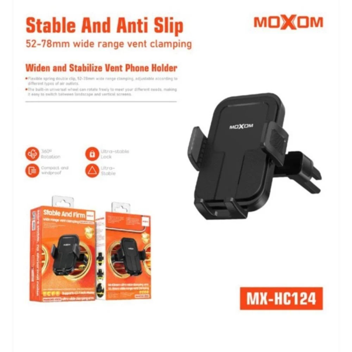 MOXOM MX-VS124 Βάση Κινητού για Αεραγωγό Αυτοκινήτου με Ρυθμιζόμενα Άγκιστρα & Περιστροφή 360°