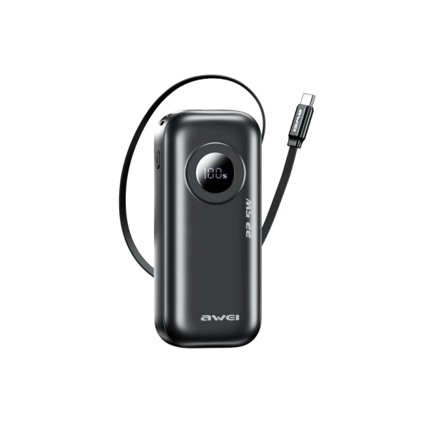 Powerbank Awei PA-9 10000mAh με Ενσωματωμένο Αναδιπλούμενο Καλώδιο USB-C και Θύρα Φόρτισης Μαύρο