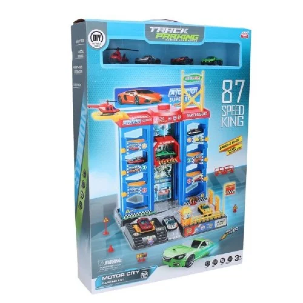 Speed King Πάρκινγκ Αυτοκινήτων με 3 Ορόφους, Ασανσέρ, 3 Οχήματα και Ελικόπτερο