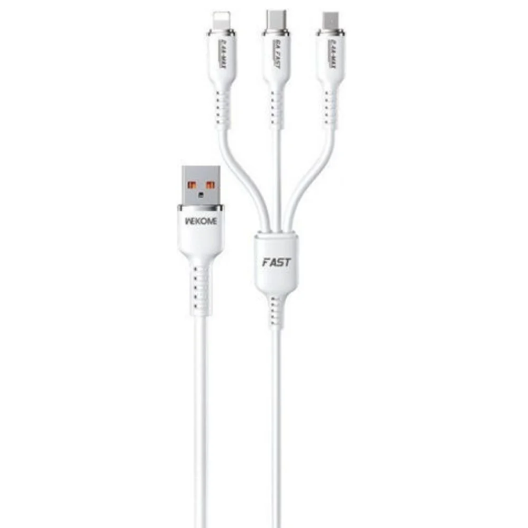 Wekome WDC-07TH Καλώδιο USB Γρήγορης Φόρτισης 3 σε 1 USB-C, Lightning, Micro 1m 66W - Λευκό