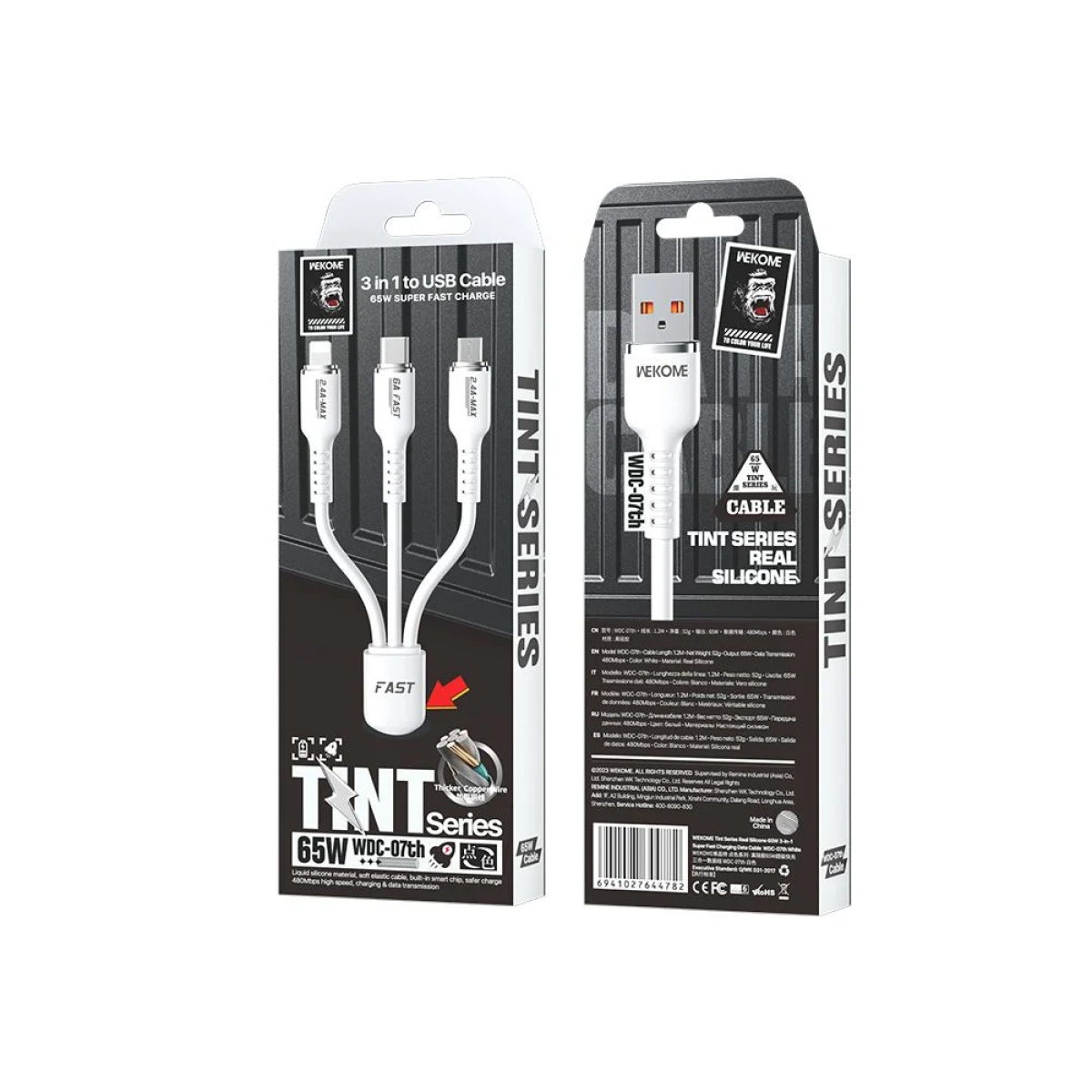 Wekome WDC-07TH Καλώδιο USB Γρήγορης Φόρτισης 3 σε 1 USB-C, Lightning, Micro 1m 66W - Λευκό