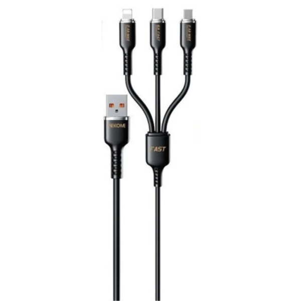 Wekome WDC-07TH Καλώδιο USB Γρήγορης Φόρτισης 3 σε 1 USB-C, Lightning, Micro 1m 66W - Μαύρο