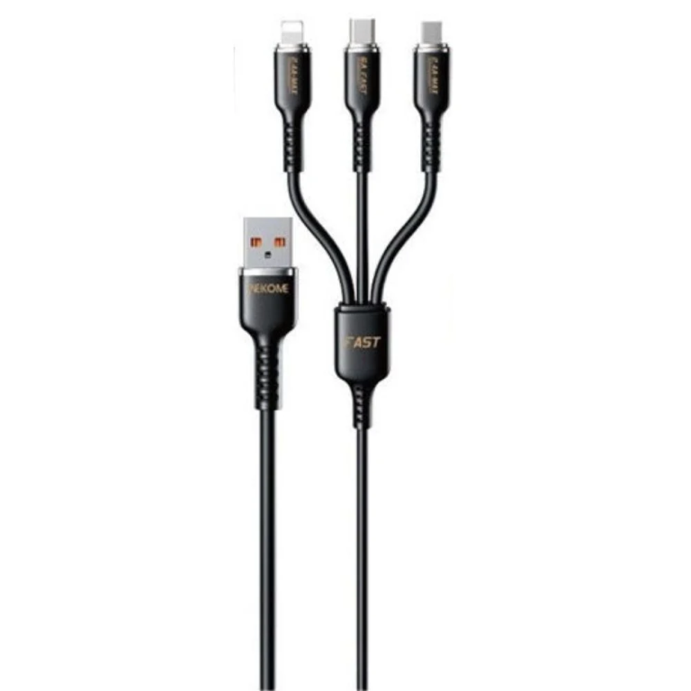 Wekome WDC-07TH Καλώδιο USB Γρήγορης Φόρτισης 3 σε 1 USB-C, Lightning, Micro 1m 66W - Μαύρο