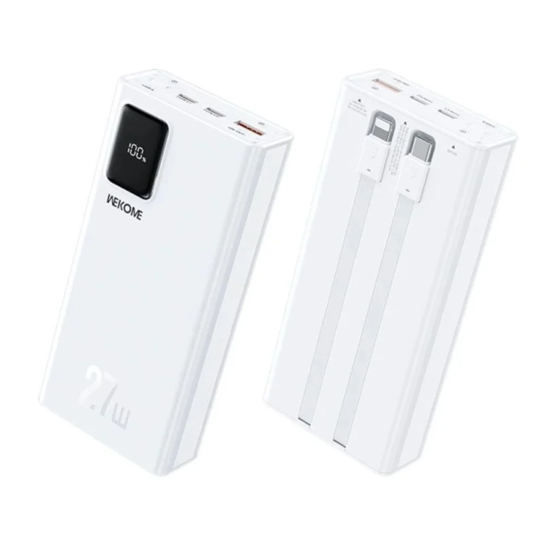 WEKOME WP-94 Power bank 20000mAh 27W Power Delivery με 2 Ενσωματωμένα Καλώδια, 1x USB-A, 1x USB-C, Οθόνη LED - Λευκό