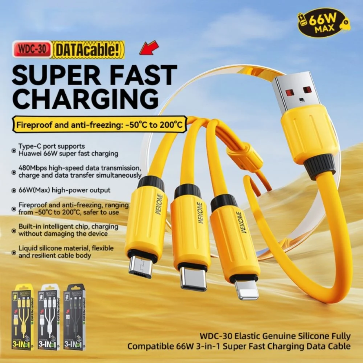 WK WDC-30 Καλώδιο 1.2μ 66W USB σε Lightning/ Type-C/ Micro Fast Charging Data Cable - Μαύρο