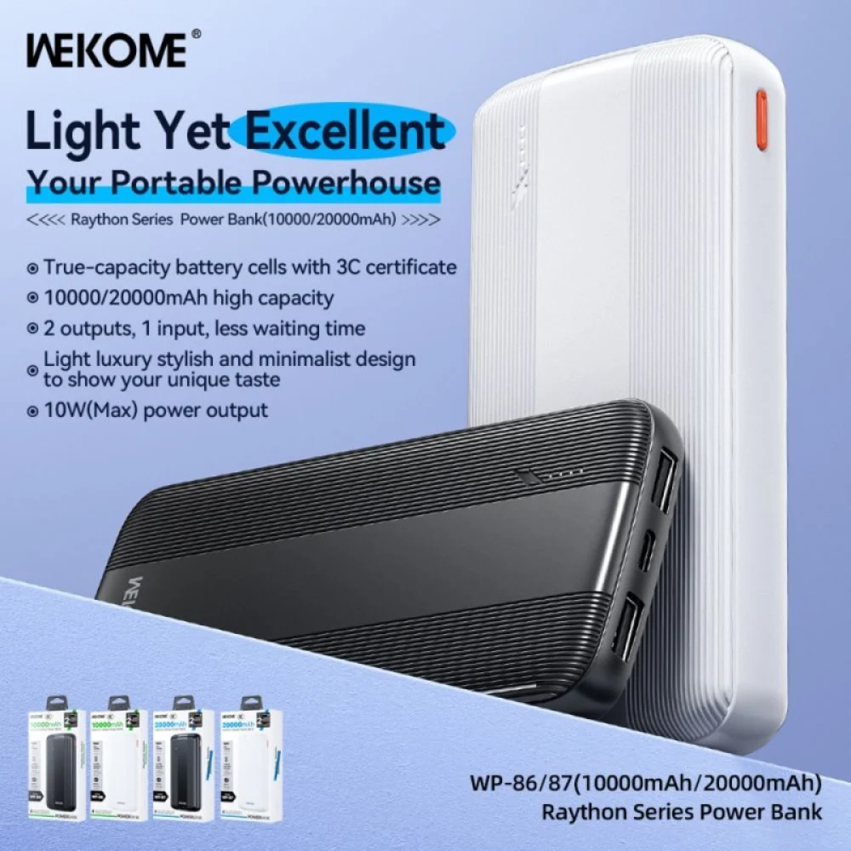 WK WP-86 Power Bank 10000mAh με 2 Θύρες USB-A και Θύρα USB-C Μαύρο