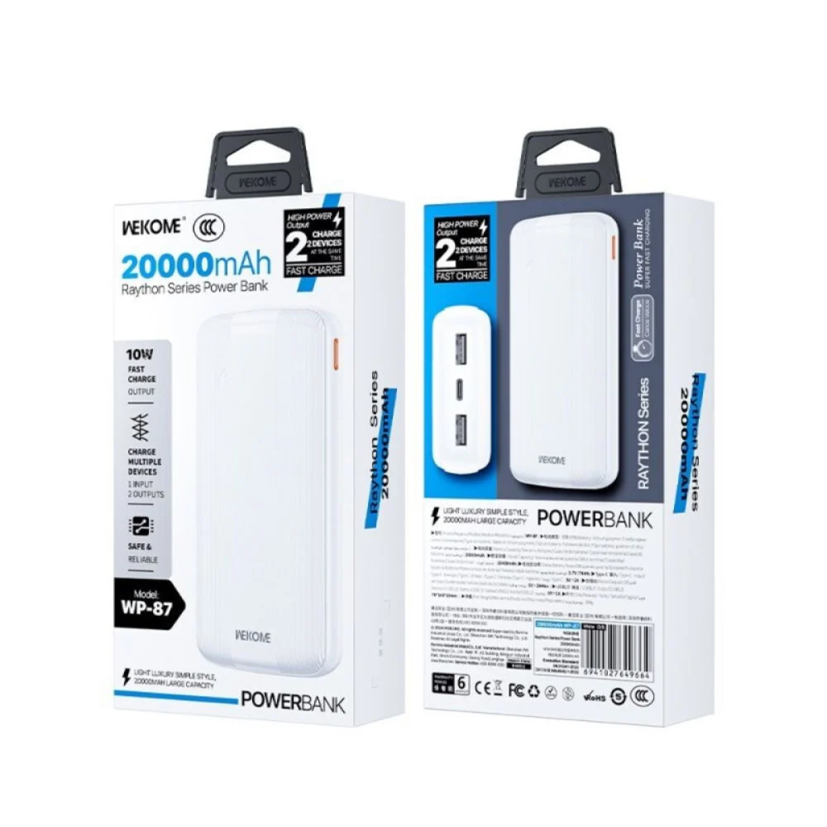 WK WP-87 Power Bank 20000mAh με 2 Θύρες USB-A και Θύρα USB-C Λευκό