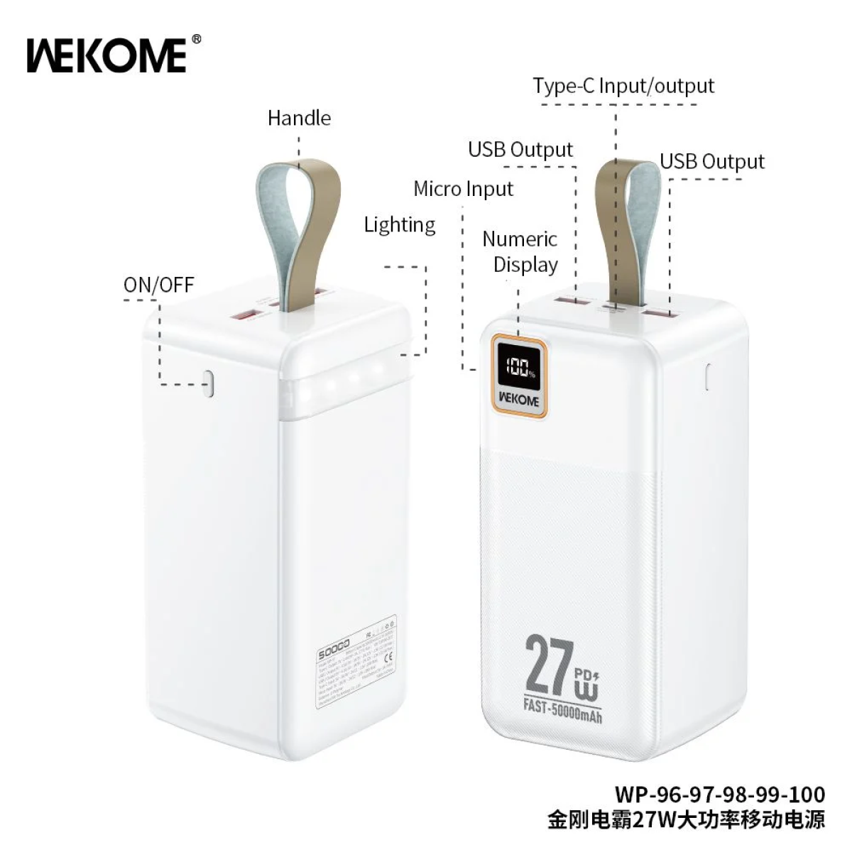 WK WP-97 Power Bank 50000mAh με 2 Θύρες USB-A και Θύρα USB-C Λευκό
