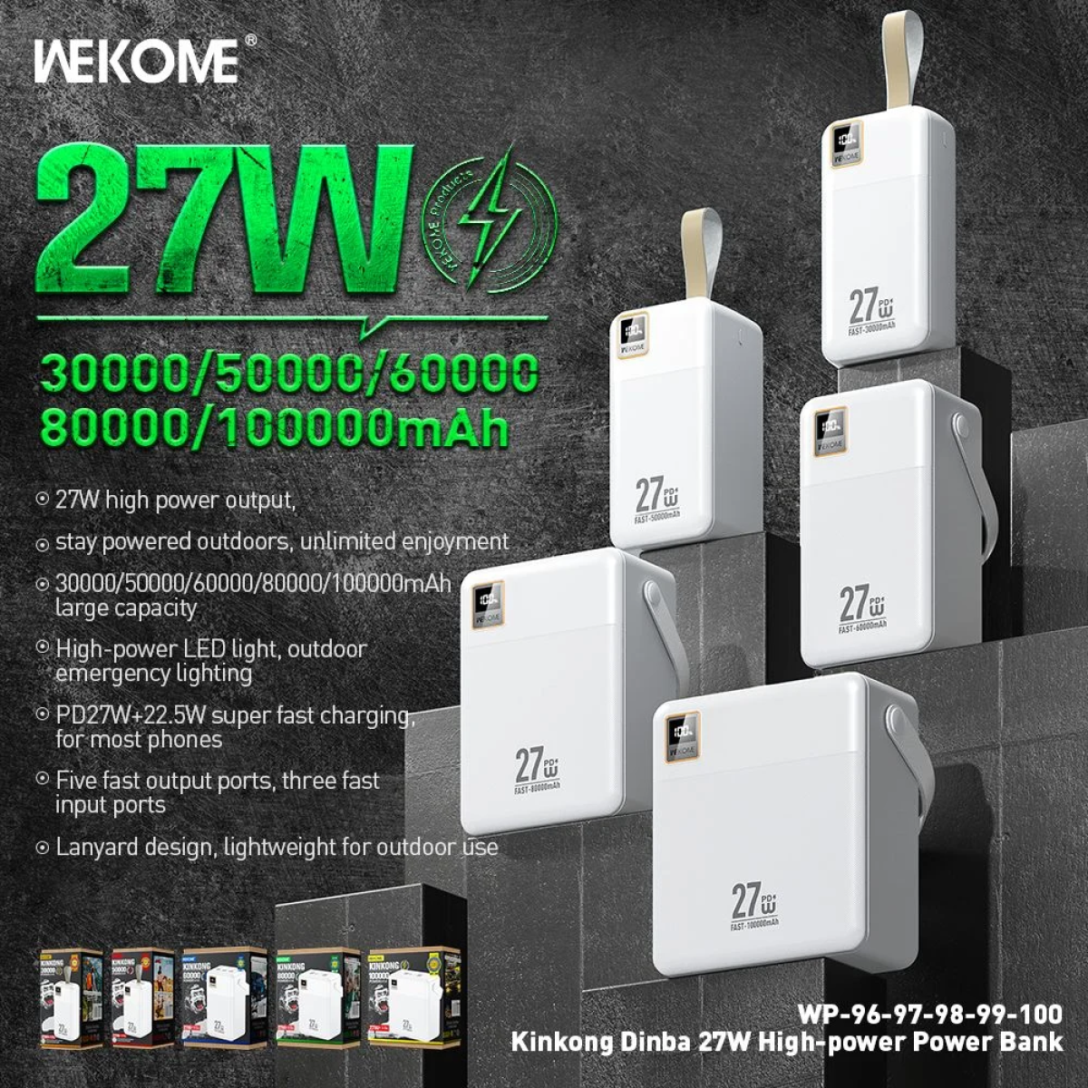 WK WP-97 Power Bank 50000mAh με 2 Θύρες USB-A και Θύρα USB-C Λευκό