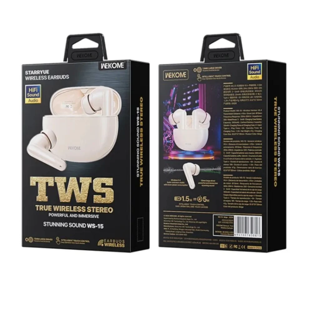 WS-15 In-ear Bluetooth TWS Ακουστικά με Θήκη Φόρτισης Μπεζ