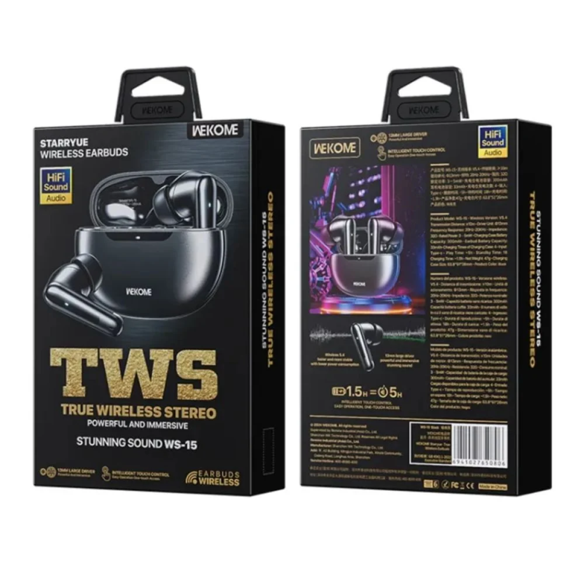 WS-15 In-ear Bluetooth TWS Ακουστικά με Θήκη Φόρτισης Μαύρο