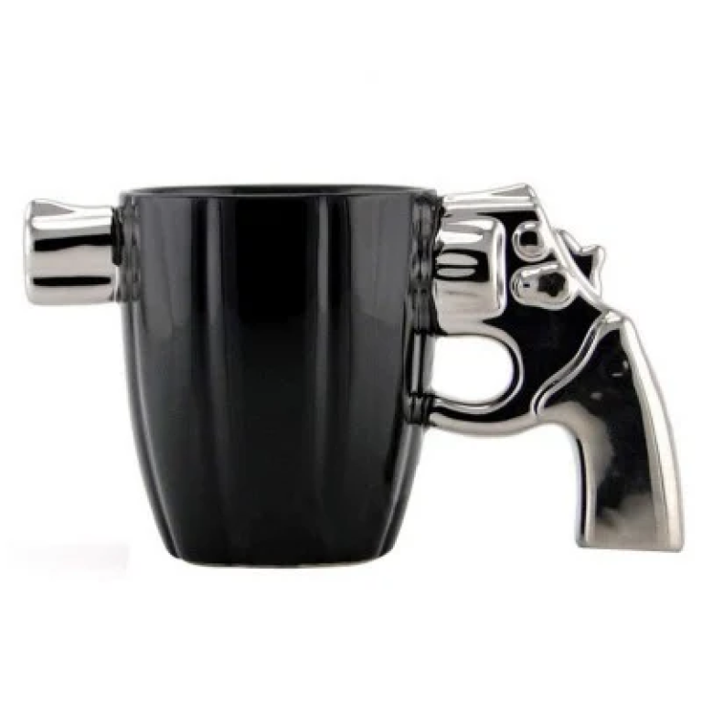 3D Κεραμική Κούπα Γυαλιστερή 350ml Περίστροφο Revolver Μαύρο/Ασημί