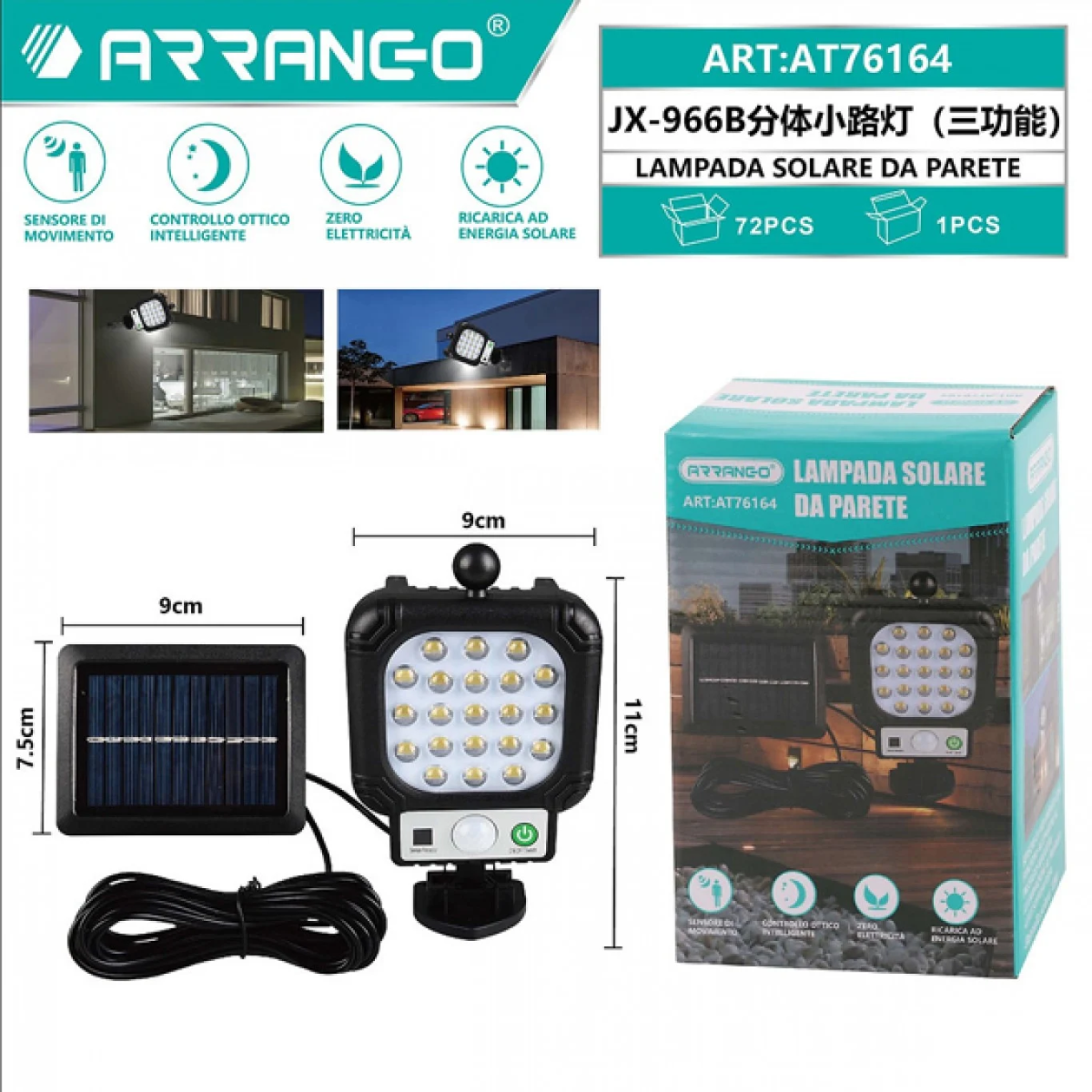 Αδιάβροχος Ηλιακός Προβολέας Τοίχου IP65 LED Με Ανιχνευτή Κίνησης, Φωτοκύτταρο & Πάνελ Φόρτισης Arrango AT76164