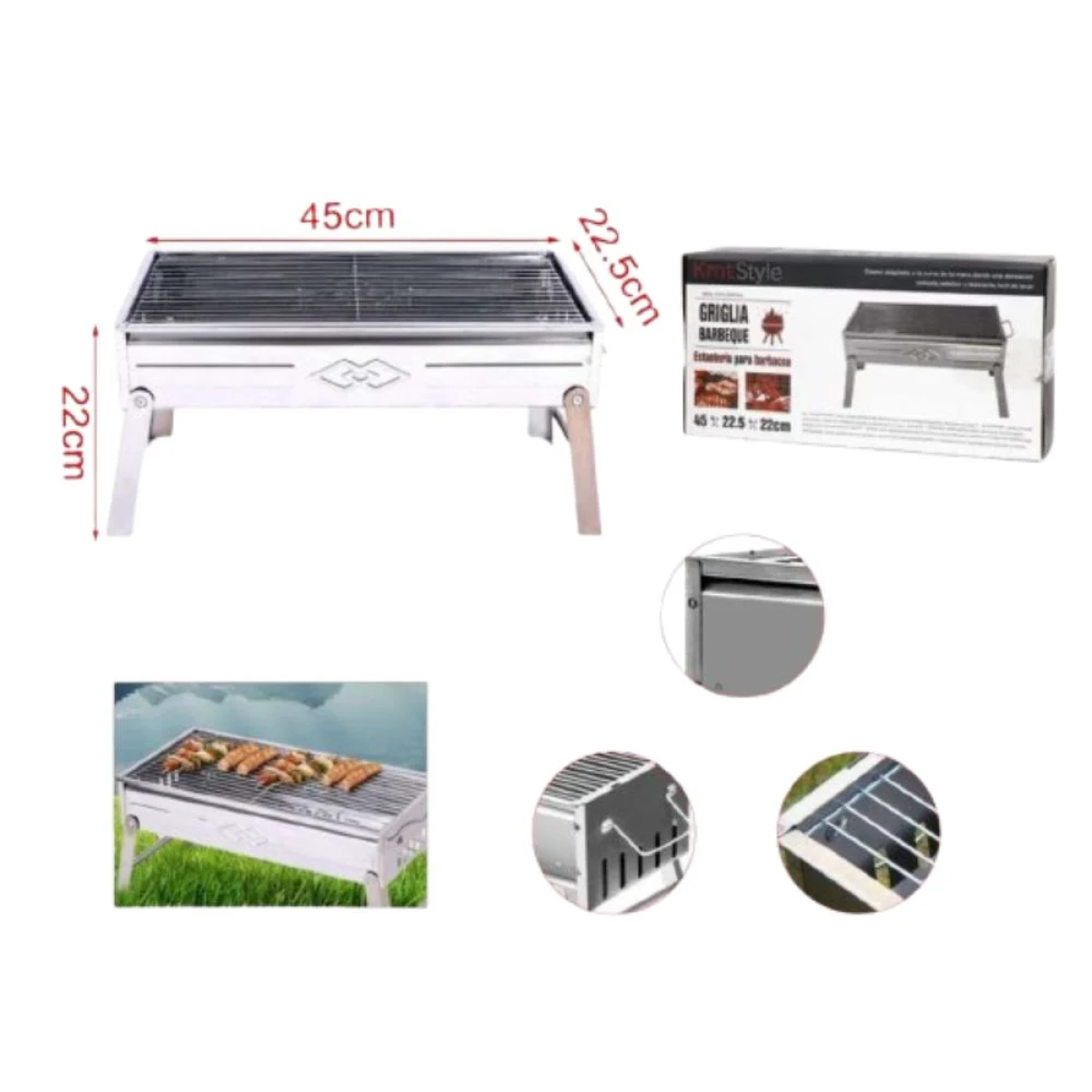 KMT Style Φορητή Ψησταριά Κάρβουνου για BBQ 45×22.5εκ. Ασημί
