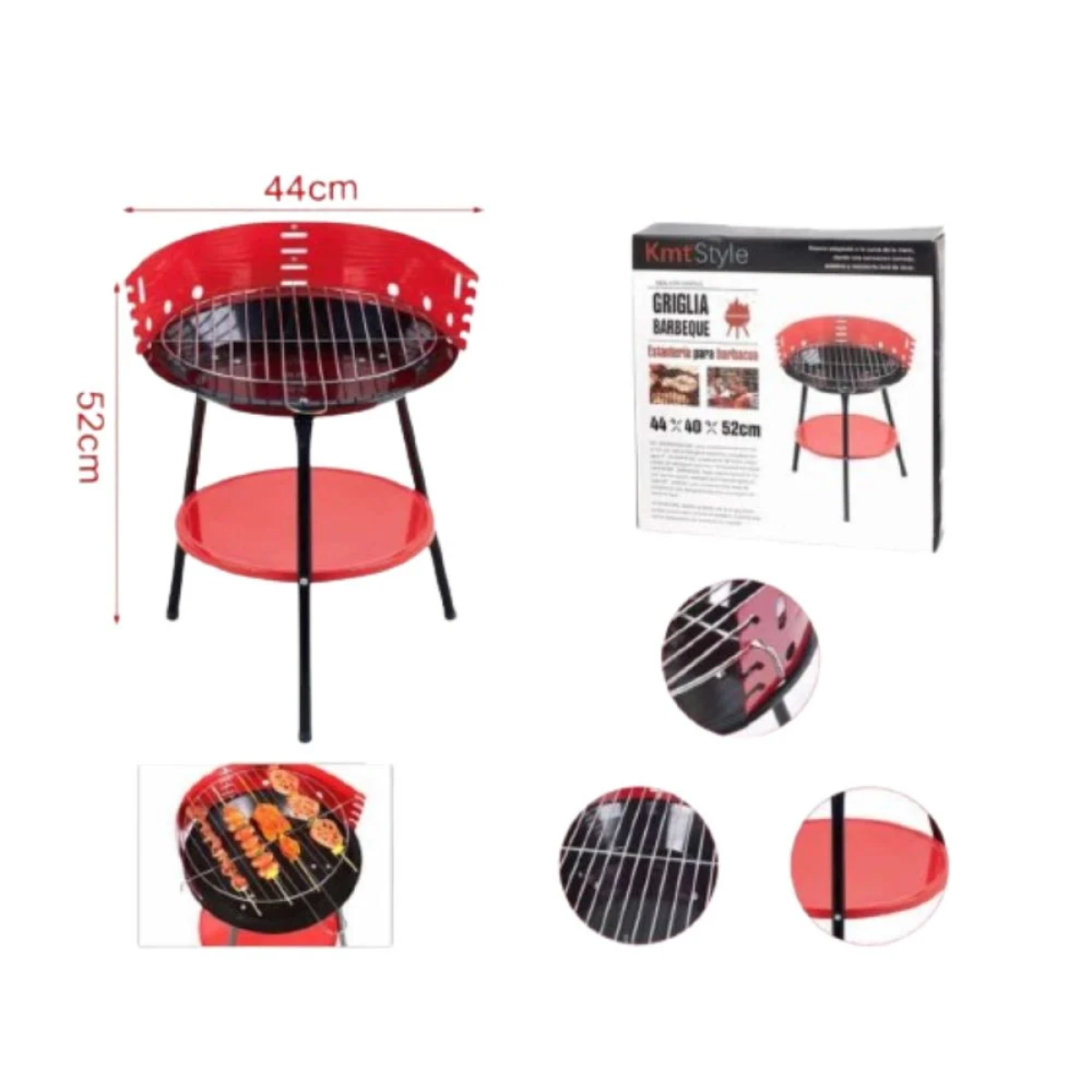 KMT Style Στρογγυλή Φορητή Ψησταριά Κάρβουνου για BBQ 44×40εκ. Κόκκινη