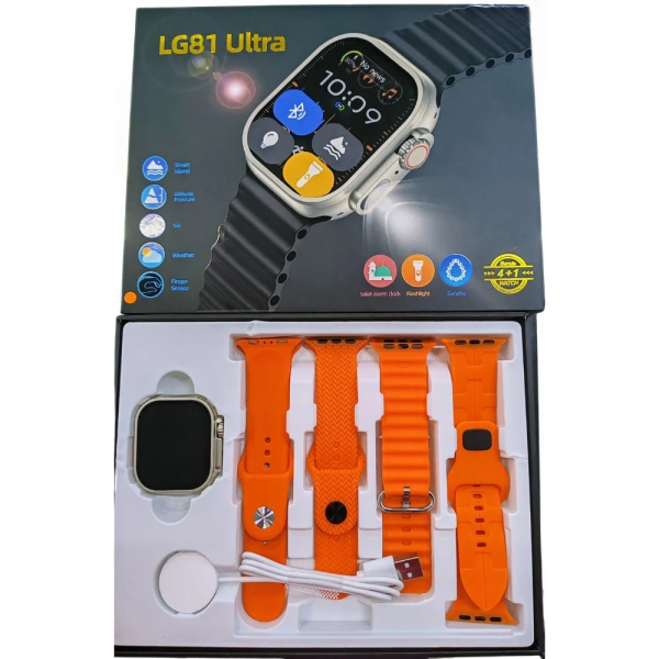 LG81 Ultra Smartwatch 4 σε 1 με οθόνη 2.04’’ για Android/iOs και 4 Λουράκια - Πορτοκαλί