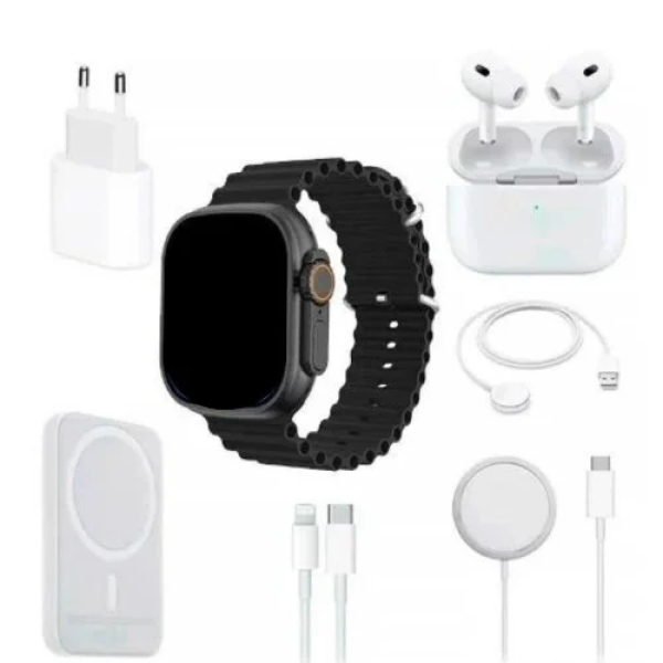 Πλήρες Σετ 8 σε 1 με Smartwatch 2", Ασύρματα Ακουστικά, Φορτιστή, Καλώδια, Εξωτερική Μπαταρία Χ8 Combo - Μαύρο