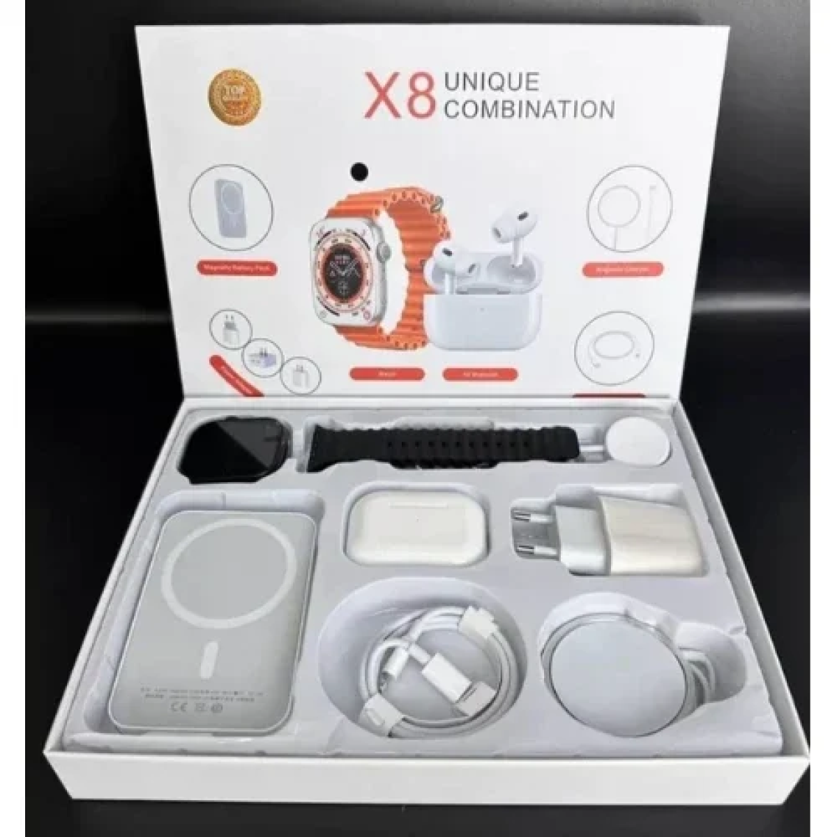 Πλήρες Σετ 8 σε 1 με Smartwatch 2", Ασύρματα Ακουστικά, Φορτιστή, Καλώδια, Εξωτερική Μπαταρία Χ8 Combo - Μαύρο