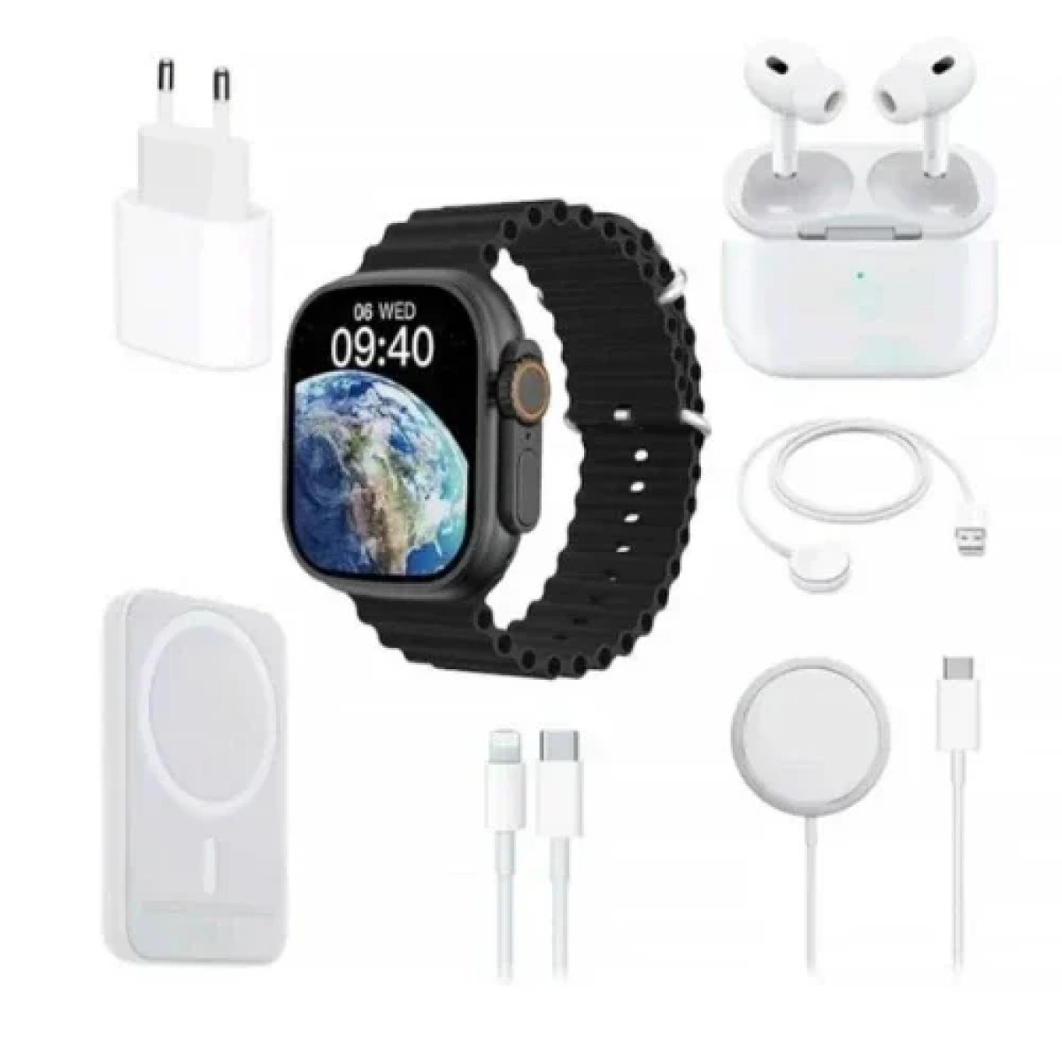 Πλήρες Σετ 8 σε 1 με Smartwatch 2", Ασύρματα Ακουστικά, Φορτιστή, Καλώδια, Εξωτερική Μπαταρία Χ8 Combo - Μαύρο