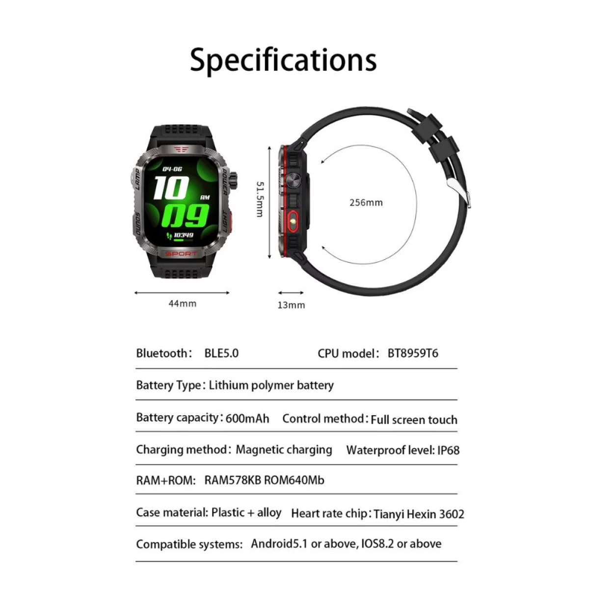 TKY-M5 Bluetooth Smartwatch Αδιάβροχο με Έγχρωμη Οθόνη Αφής, Παλμογράφο, Οξύμετρο, Πυξίδα & Παρακολούθηση Ύπνου Μαύρο