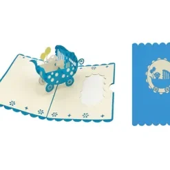 ORIGAMI Ευχετήρια Κάρτα 3D Καροτσάκι με Μωρό Αγόρι Μπλε ORCH007M