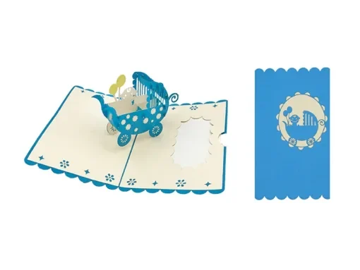 ORIGAMI Ευχετήρια Κάρτα 3D Καροτσάκι με Μωρό Αγόρι Μπλε ORCH007M