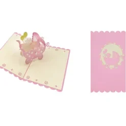 ORIGAMI Ευχετήρια Κάρτα 3D Καροτσάκι με Μωρό Κορίτσι Ροζ ORCH007F