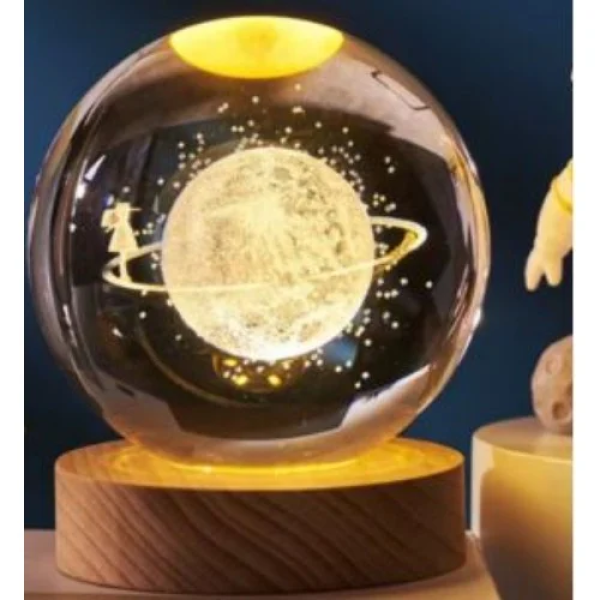 Διακοσμητική Κρυστάλλινη Χαραγμένη Σφαίρα με Ξύλινη Βάση και Θερμό Λευκό Φωτισμό LED - Κρόνος