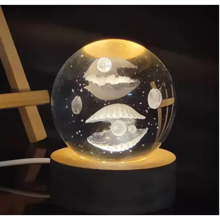 Διακοσμητική Κρυστάλλινη Χαραγμένη Σφαίρα με Ξύλινη Βάση και Θερμό Λευκό Φωτισμό LED - Sea Shell