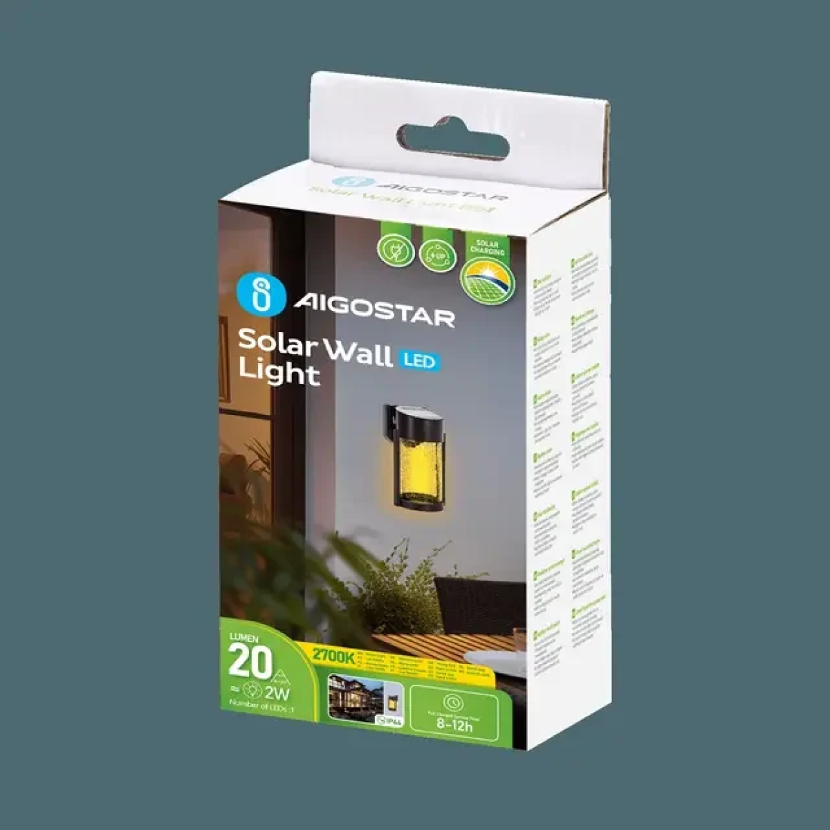 Επιτοίχιο Ηλιακό Φωτιστικό LED Θερμό Λευκό 2W 2700K 20lm IP44 Aigostar