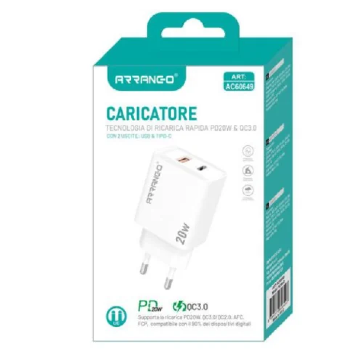Φορτιστής χωρίς καλώδιο 1xUSB-A & 1xType-C PD20W & QC3.0 AC60649