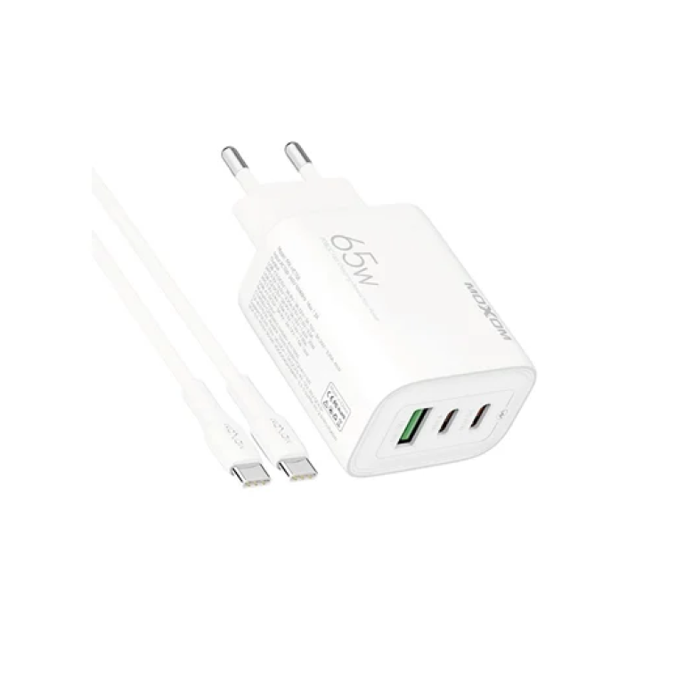 Φορτιστής με θύρα USB-A και 2 θύρες USB-C και καλώδιο USB-C 65W Moxom MX-HC158 λευκό