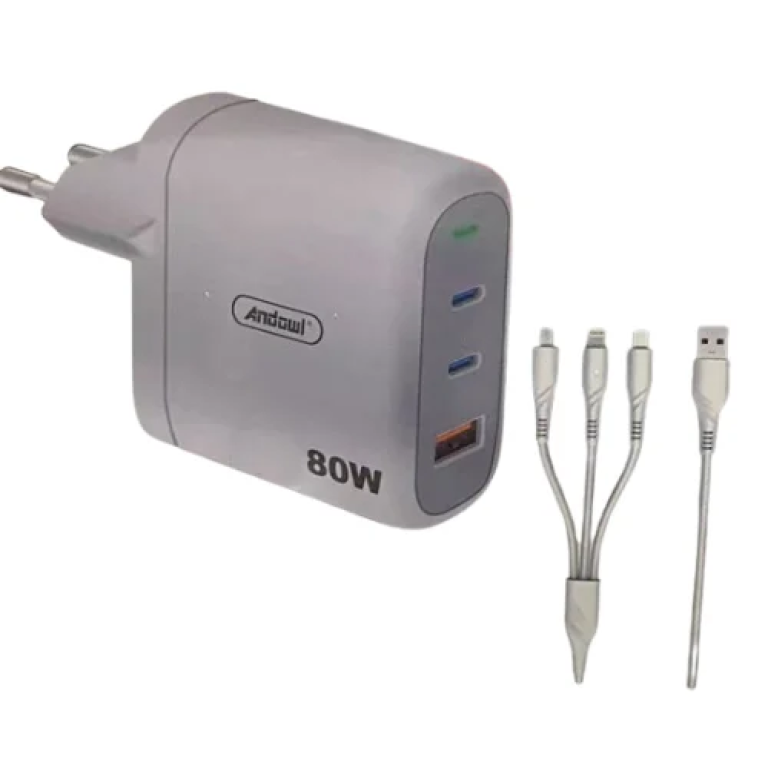 Φορτιστής ταχείας φόρτισης 80W με 2 θύρες USV-C & 1 θύρα USB-A & Kαλώδιο Andowl Q-CD08 λευκό
