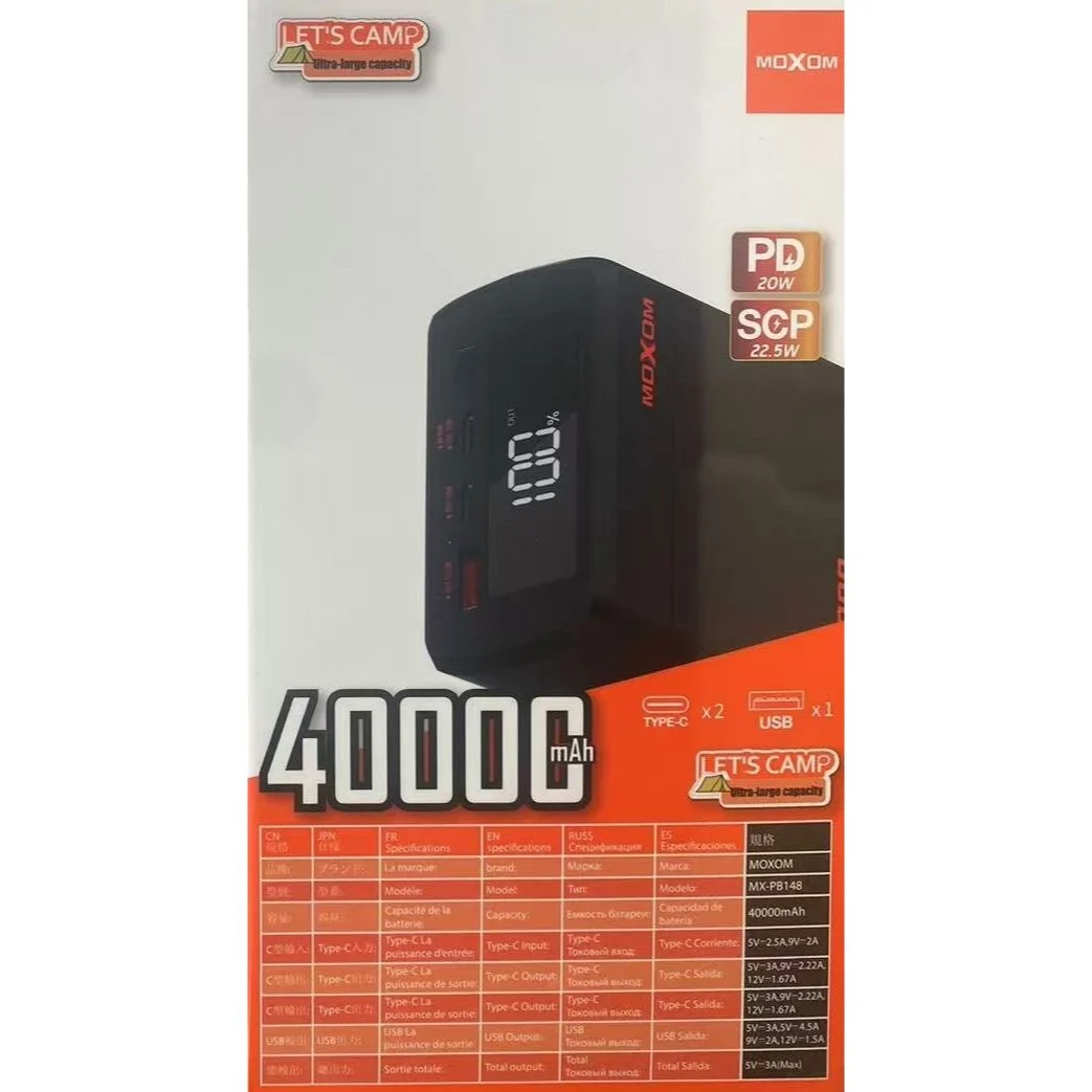 Moxom Mx-Pb148 Power Bank 40000Mah 22.5W Με Θύρα Usb-A Και 2 Θύρες Usb-C Power Delivery – Μαύρο