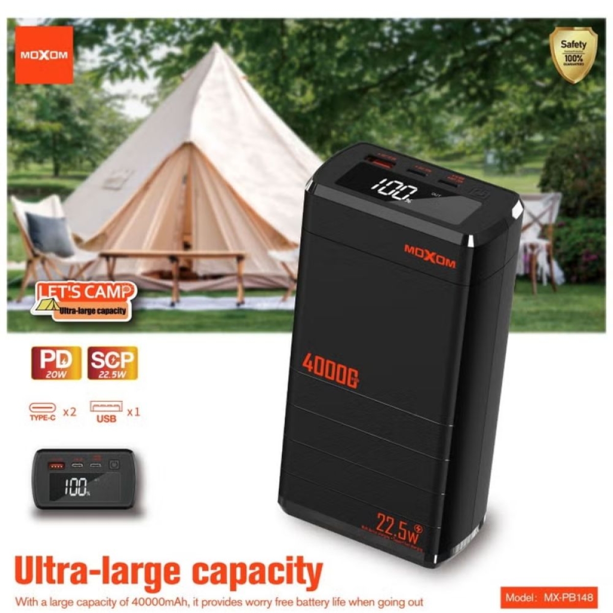 Moxom MX-PB148 Power Bank 40000mAh 22.5W με Θύρα USB-A και 2 Θύρες USB-C Power Delivery – Μαύρο