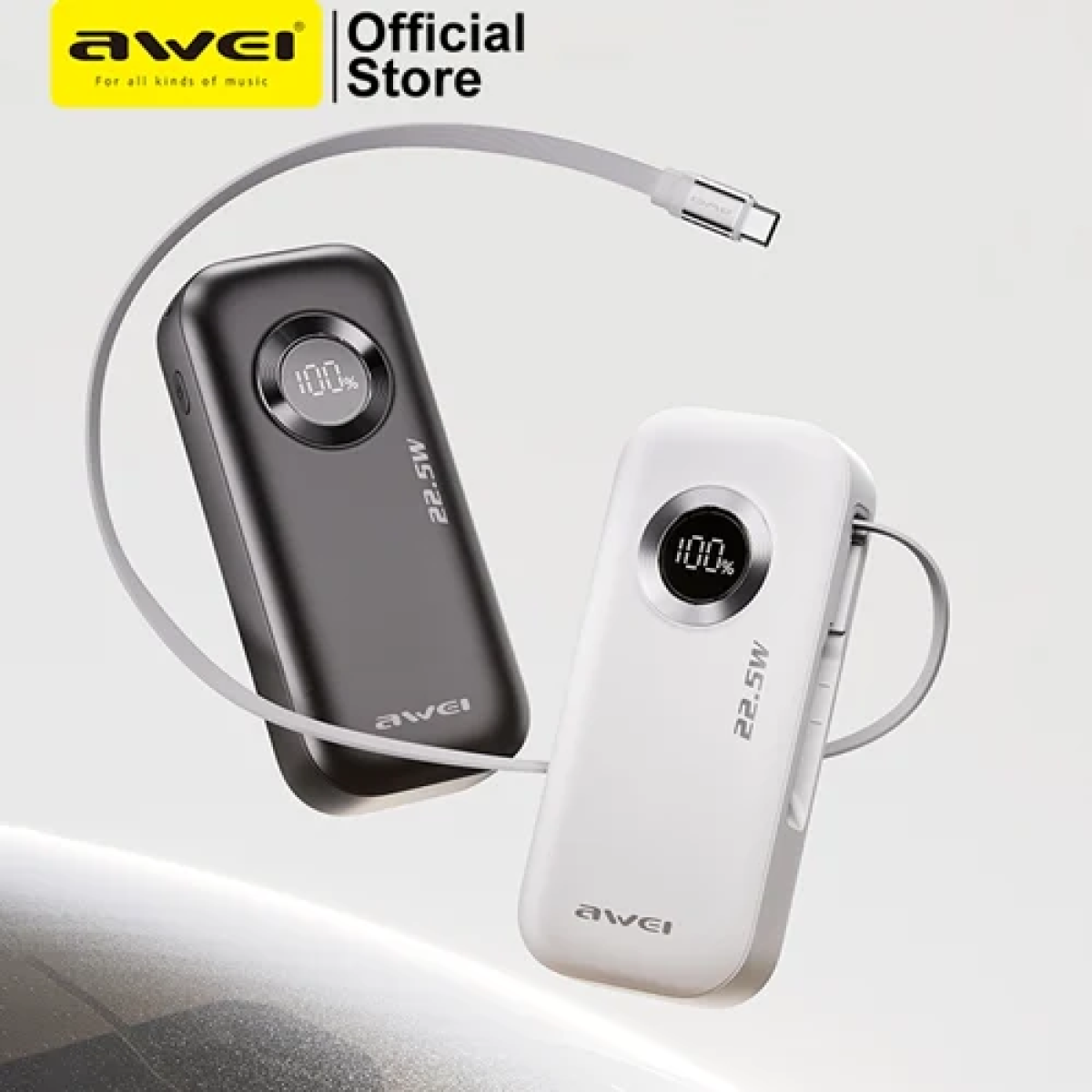 Power Bank γρήγορης φόρτισης 10000mAh με καλώδιο USB-C και θύρα φόρτισης Awei PA-9 λευκό - Image 2