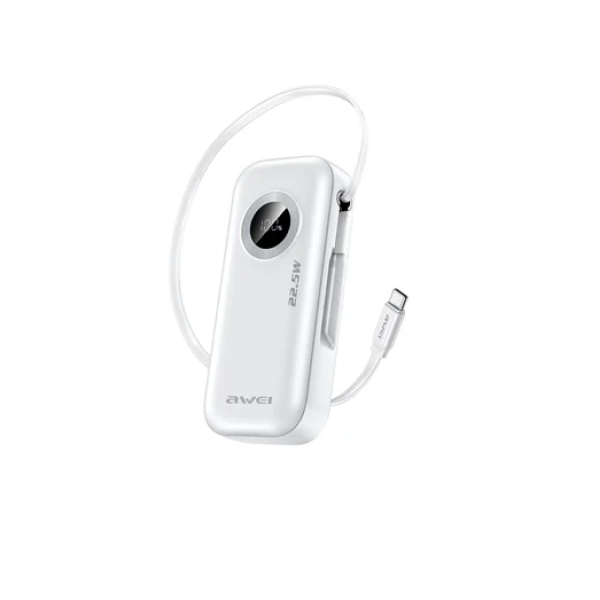 Power Bank γρήγορης φόρτισης 10000mAh με καλώδιο USB-C και θύρα φόρτισης Awei PA-9 λευκό