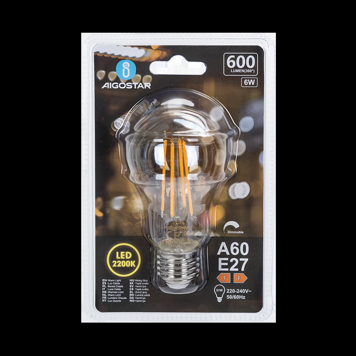 Ρυθμιζόμενη LED Λάμπα A60 E27 6W 2200K Aigostar