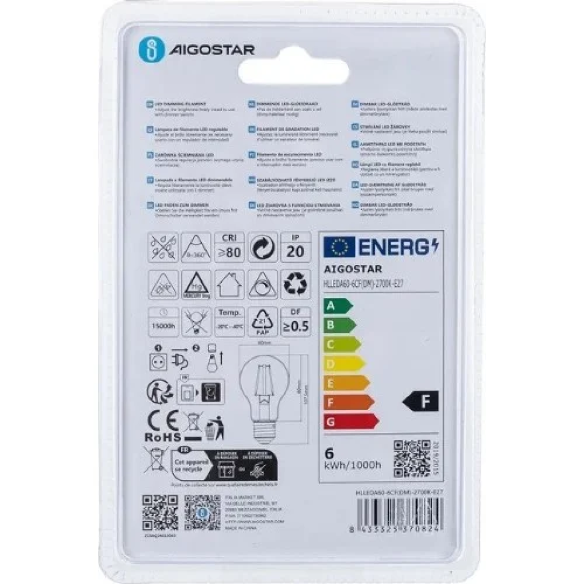 Ρυθμιζόμενη LED Λάμπα A60 E27 6W 2700K Aigostar