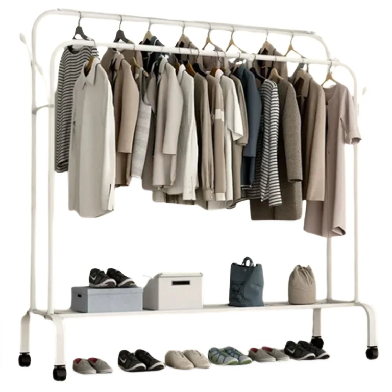 Τροχήλατη Κρεμάστρα Δαπέδου από Μέταλλο Λευκή 110x57x150cm