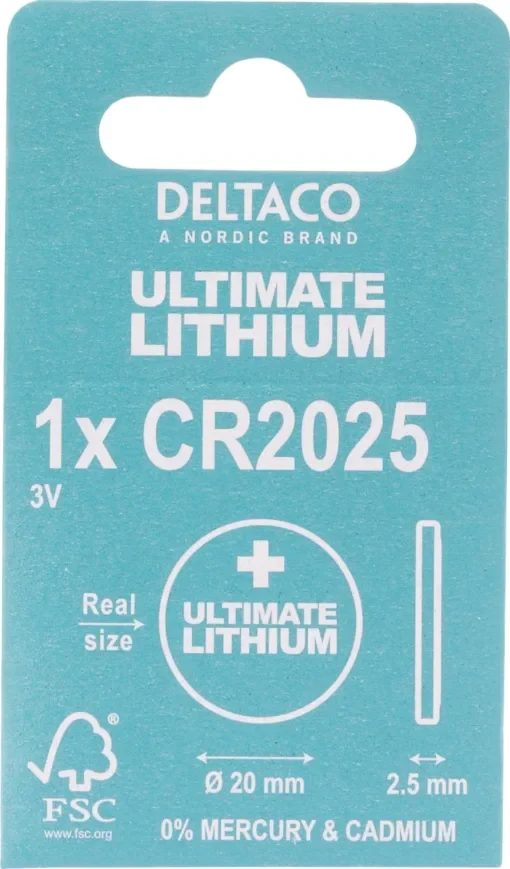 DELTACO Ultimate Μπαταρία Λιθίου 3V CR2025 button cell 1 τεμάχιο Οικολογική FSC Συσκευασία ULT-CR2025-1P