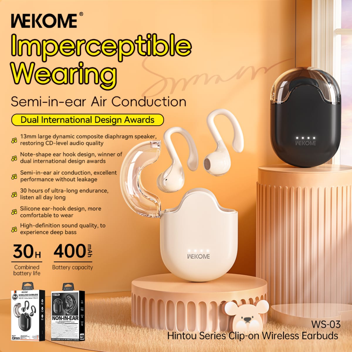 WEKOME WS-03 Ασύρματα Ακουστικά Clip-On – Semi-In-Ear με HIFI Ήχο & Σχεδίαση Ear-Hook - Μαύρα