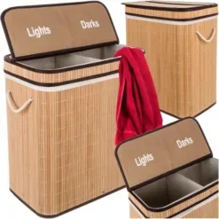 Καλάθι Απλύτων Bamboo με Καπάκι 60x54x35cm 2 Διαμερισμάτων Καφέ 00024269