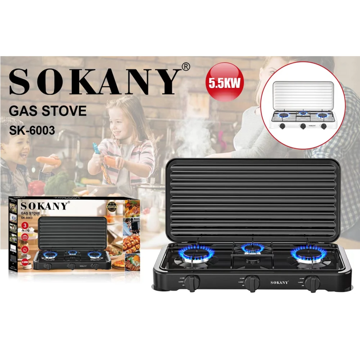Sokany SK-6003 Επιτραπέζια Τριπλή Εστία Υγραερίου με 3 Εστίες & Καπάκι – 5500W