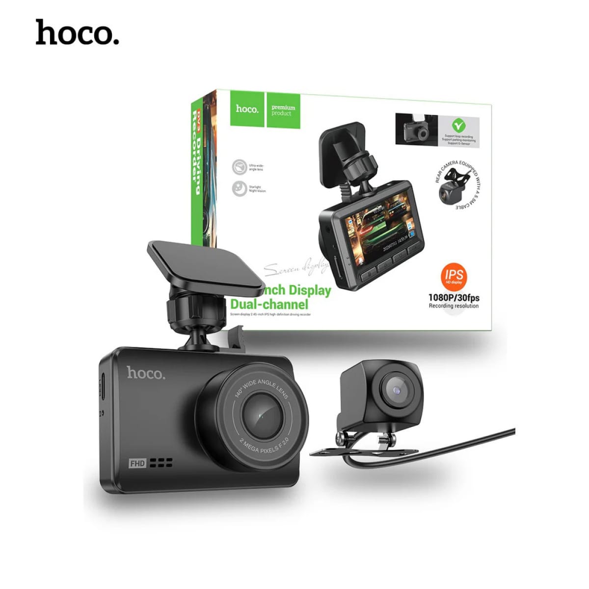 Hoco DV3 Σετ Κάμερας DVR Αυτοκινήτου με Οθόνη 2.45", WiFi & GPS – Μπροστινή & Πίσω Κάμερα – 1080P