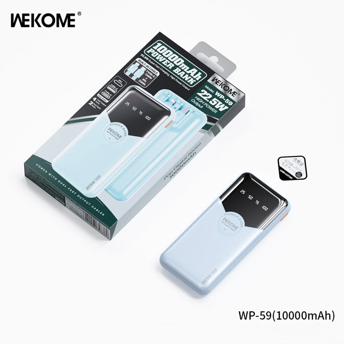 WEKOME WP-59 Power Bank 10000mAh – Fast Charge 22.5W, LED Οθόνη - Μπλέ