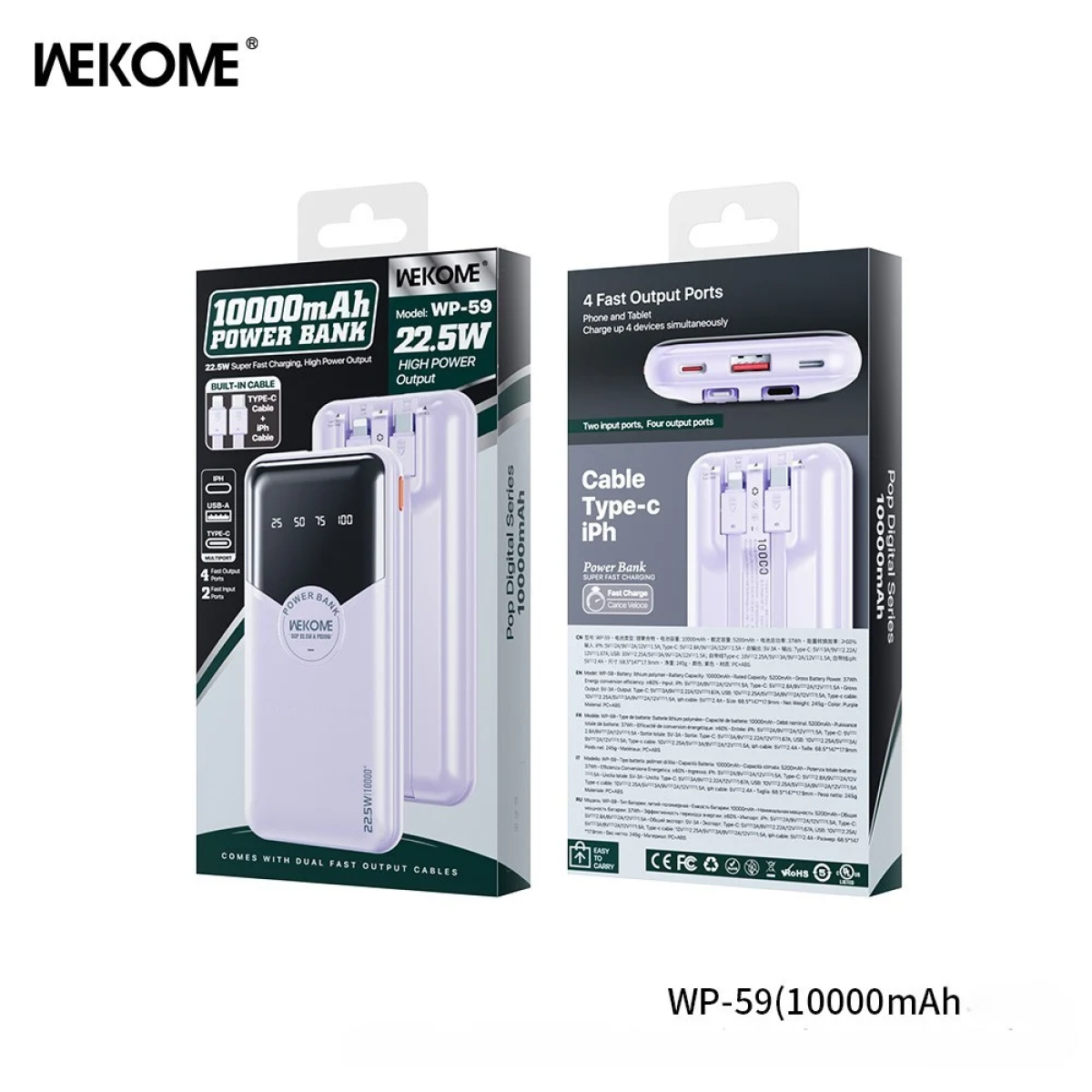 WEKOME WP-59 Power Bank 10000mAh – Fast Charge 22.5W, LED Οθόνη - Λευκό